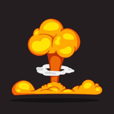 Patlama veya nükleer mantar. Flaş bir bomba patlamadan sonra ateş. Vektör çizgi film illüstrasyon izole koyu arka plan üzerinde.