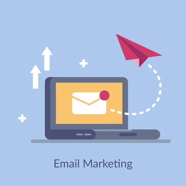 Email marketing semplice vettore piatto. Un modo per promuovere un prodotto o un servizio. Per l'utilizzo in web design, applicazioni mobili, presentazioni e motion graphics . — Vettoriale Stock