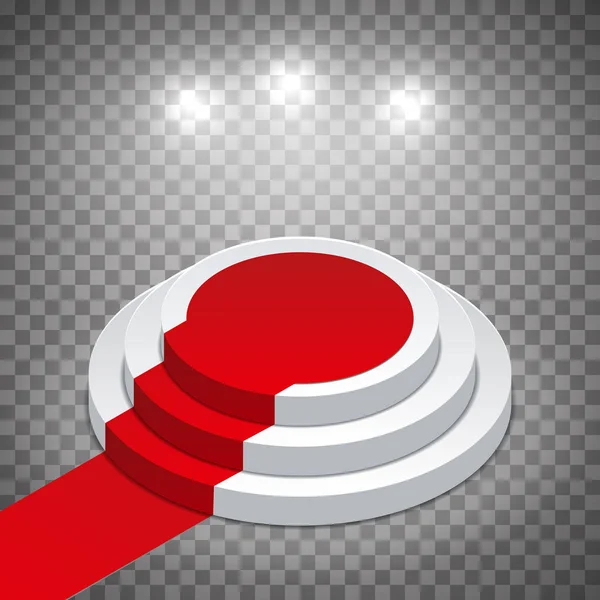 Podium rond Isometric White avec tapis rouge et projecteurs. Motif sur un fond transparent. Illustration vectorielle modifiable . — Image vectorielle