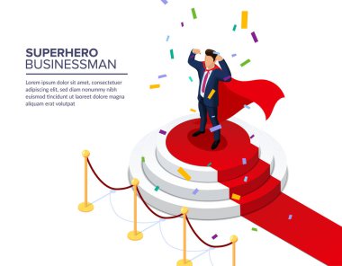 Bir kaide üzerinde ayakta süper kahraman işadamı. Ayın en iyi çalışanı. En iyi müdür ya da patron. Ödüllendirme süreci. Düzenlenebilir vektör izometrik çizim.