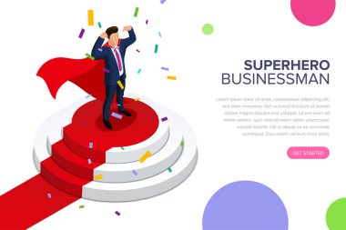 Bir kaide üzerinde ayakta süper kahraman işadamı. Ayın en iyi çalışanı. En iyi müdür ya da patron. Ödüllendirme süreci. Düzenlenebilir vektör izometrik çizim.