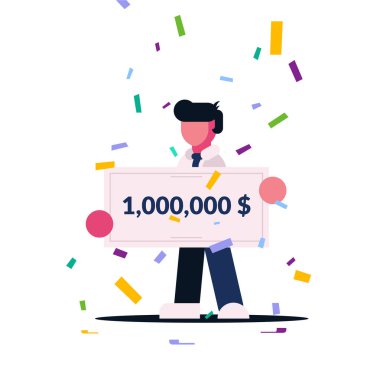 Büyük bir miktar için kazanan kontrol. Adam piyango kazandı. Şanslı adam. Ödülü. Beyaz arka planda yalıtılmış düz karakter.