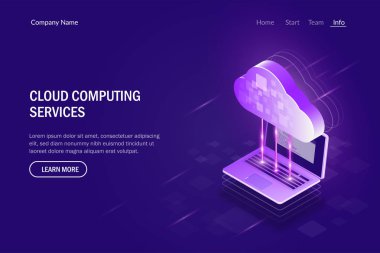 Bulut Bilgi İşlem Hizmetleri izometrik kavramı. Dizüstü bilgisayar ve bulut depolama arasında senkronizasyon. Süper bilgisayar gücü.