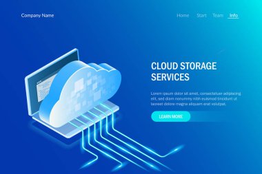 Bulut Depolama Hizmetleri Izometrik Kavramı. Veri yükleme işlemi. Bilgi Teknolojisi. Web sitesi şablonu. Mavi vektör değiştirilebilir illüstrasyon.