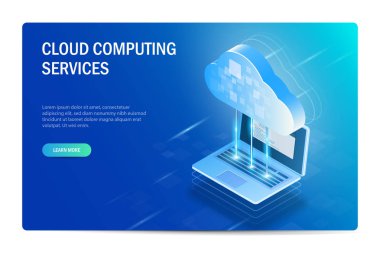 Bulut Bilişim Hizmetleri Izometrik Kavramı. Dosyaları dizüstü bilgisayarla eşitleme işlemi. Web sitesi şablonu. Mavi vektör değiştirilebilir illüstrasyon.