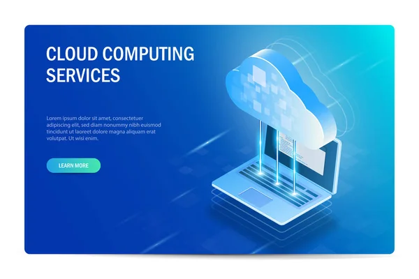 Cloud Computing Services Concepto isométrico. El proceso de sincronización de archivos con un ordenador portátil. Plantilla del sitio web. Ilustración editable vector azul . — Archivo Imágenes Vectoriales