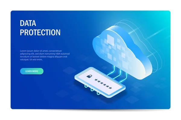 Protección de datos en la nube con Passord. Concepto isométrico. Acceso a los archivos después de la verificación de identidad. Plantilla del sitio web. Ilustración editable vector azul . — Vector de stock