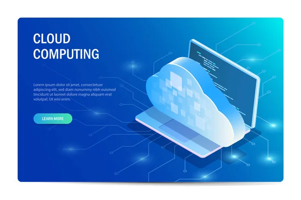 Cloud Computing izometrikus koncepció. Laptop a háttérben a chip az adatbázishoz való hozzáférést. Webhelysablon. Kék vektor szerkeszthető illusztráció. — Stock Vector