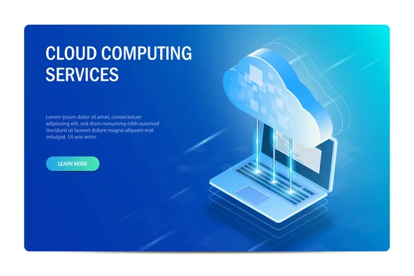 Cloud Computing Services Concepto isométrico. El proceso de sincronización de archivos con un ordenador portátil. Plantilla del sitio web. Ilustración editable vector azul . — Vector de stock