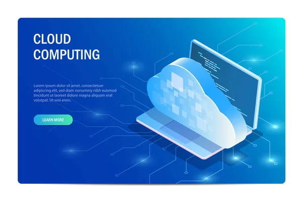 Cloud Computing Isomtric Concept (en inglés). Portátil en el fondo del chip con acceso a la base de datos. Plantilla del sitio web. Ilustración editable vector azul . — Vector de stock