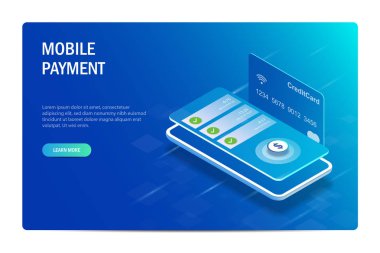 Mobil Ödeme Izometrik Kavramı. Mobil uygulama üzerinden finansal işlemler. Bir banka kartının arka planında açılır bildirimler içeren cep telefonu. Değiştirilebilir vektör çizimi.