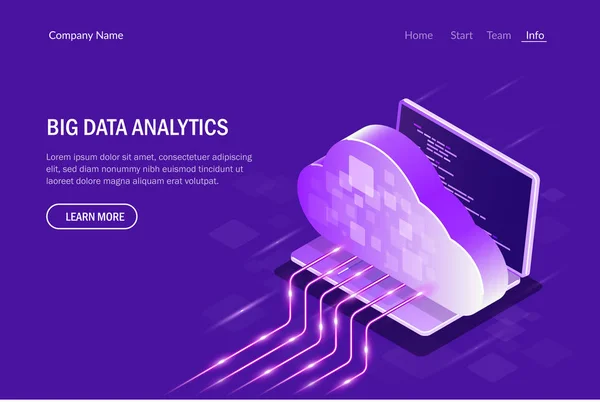 Big Data Analytics Isomtric Concept (en inglés). Cloud Computing. Transmisión de datos. Ilustración vectorial editable . — Archivo Imágenes Vectoriales