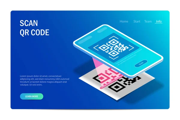 Qr Doğrulama Kavramı. Tarayıcısı olan cep telefonu qr kodunu okur. Akıllı telefon ekranında makine tarafından okunabilir barkod. İyometrik tarzda vektörel değiştirilebilir hi tech illüstrasyon.