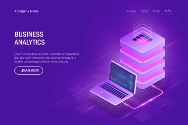 İş analizi konsepti. Bulut bilgi işlem. Büyük veri merkezi. Dizüstü bilgisayar ve sunucu arasında veri alışverişi. Modern hi teknoloji vektör illüstrasyon isometrik tarzı.