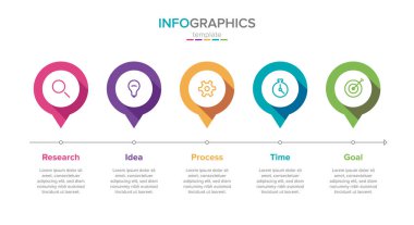 Simgeli vektör bilgi etiketi şablonu. 5 seçenek ya da adım. İş kavramı için bilgi grafikleri. Bilgi grafikleri, akış grafikleri, sunumlar, web siteleri, afişler, yazılı materyaller için kullanılabilir.