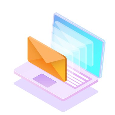 E-posta bildirimi kavramı. Dizüstü bilgisayar ekranında yeni e-posta. Vektör Biyometrik illüstrasyon.