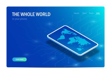 Tüm dünya telefonunda. Kavram. Akıllı telefon ekranında dünya haritası. Vektör Biyometrik illüstrasyon.
