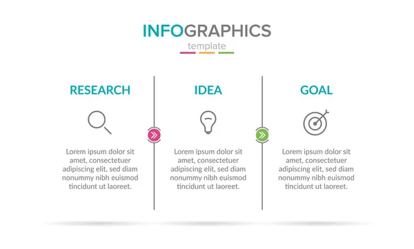 Vektorinformationsgrafik-Beschriftungsvorlage mit Symbolen. 3 Optionen oder Schritte. Forschung, Idee und Ziel. Infografiken für das Geschäftskonzept. kann für Informationsgrafiken, Flussdiagramme, Präsentationen, Websites verwendet werden. — Stockvektor