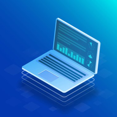 Büyük veri konsepti. Mavi arka planda izometrik vektör çizimi.