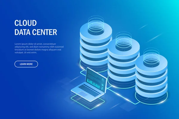 Concepto de centro de datos. Almacenamiento en la nube, transferencia de datos. Tecnología de transmisión de datos. Ilustración vectorial en estilo isométrico 3d . — Vector de stock