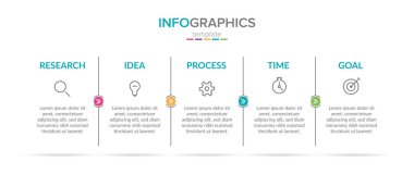 Simgeli vektör bilgi etiketi şablonu. 5 seçenek ya da adım. İş kavramı için bilgi grafikleri. Bilgi grafikleri, akış grafikleri, sunumlar, web siteleri, afişler, yazılı materyaller için kullanılabilir.