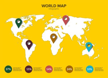 World map infographic. 5 multi-colored pins on the continents. Vector illustration in flat style for infographics, banners, sites and print products.