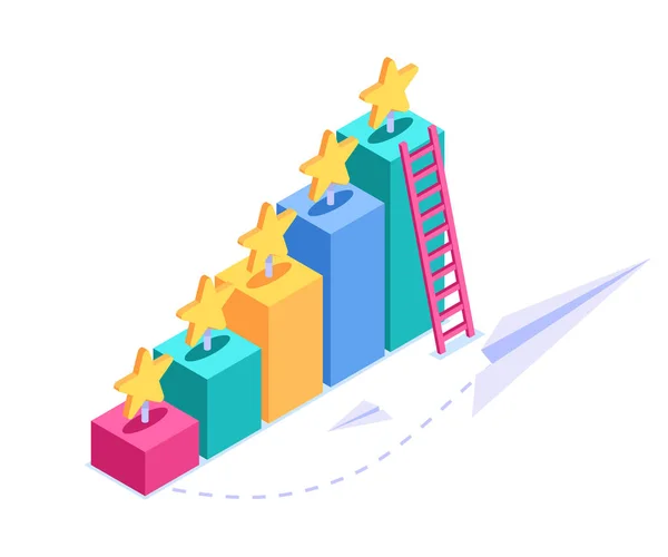 Conceito de revisão isométrica. Uma exibição visual de uma classificação ou revisão de um produto ou serviço. Estrelas em gráficos tridimensionais. Ilustração vetorial em estilo moderno isolado sobre fundo branco . — Vetor de Stock