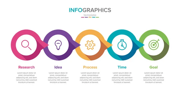 Vektor-Infografik-Beschriftungsvorlage mit Symbolen. 5 Optionen oder Schritte. Infografiken für das Geschäftskonzept. Kann für Informationsgrafiken, Flussdiagramme, Präsentationen, Websites, Banner, Druckmaterialien verwendet werden. — Stockvektor