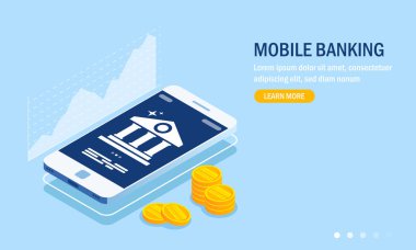 Mobil bankacılık web sitesi şablonu. Para birimi oranı grafiği. Akıllı telefon ekranında banka simgesi. Altın sikke ler ya da para. 3b isometrik stilde vektör çizimi.