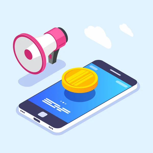 Geld melding op het scherm van het mobiele apparaat. Gouden munt op smartphone. Megaphone of Speaker. Vector illustratie in 3D Isometrische stijl. — Stockvector