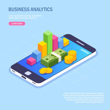 Cep telefonu ile İş Analitiği. Para yığını ve cihaz ekranında grafik. Modern 3d stilinde vektör biyometrik illüstrasyon.