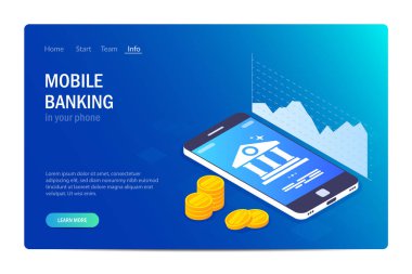Mobil bankacılık web sitesi şablonu. Para birimi oranı grafiği. Akıllı telefon ekranında banka simgesi. Altın sikke ler ya da para. Vektör çizimi 3d isometrik tarzda. Mavi degrade arka plan.
