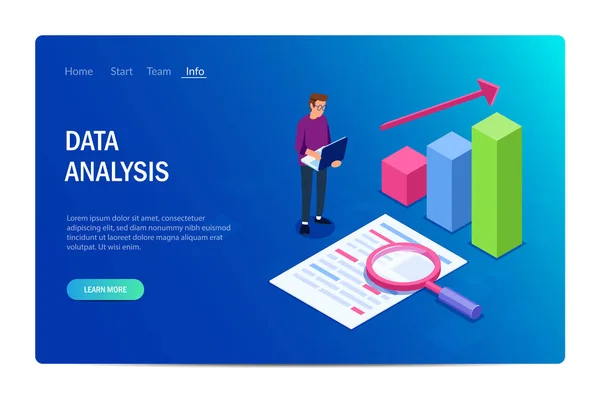 Análisis de datos con caracteres. Diseño o plantilla de sitio web.Puede utilizar para banner web, infografías, imágenes de héroes. Ilustración plana de vectores isométricos . — Archivo Imágenes Vectoriales