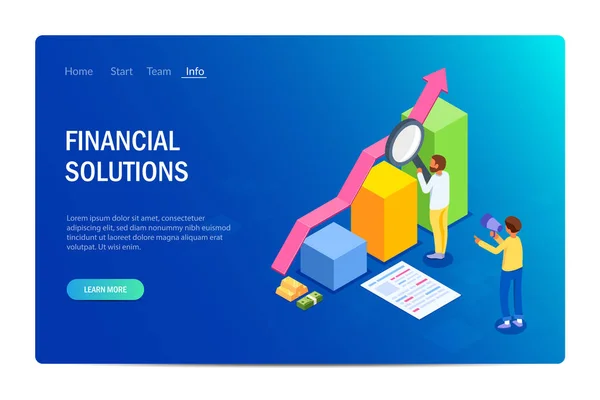 Concepto de solución financiera con personajes. Diseño del sitio web. Puede utilizar para banner web, infografías, imágenes de héroes. Ilustración plana de vectores isométricos . — Vector de stock