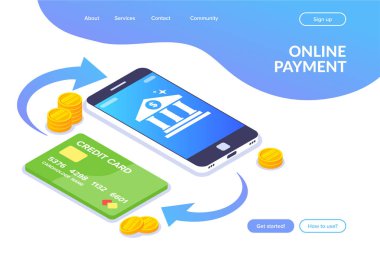 Online ödeme izometrik kavramı. Telefon ve kart arasında para hareketi. Akıllı telefon ekranında banka simgesi. Düz vektör çizimi.