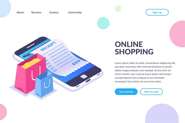 Isometrisches Konzept für Online-Shopping. Einkaufstüten auf dem Hintergrund eines Mobiltelefons. Quittung auf dem Smartphone-Bildschirm. flache Vektorabbildung. — Stockvektor