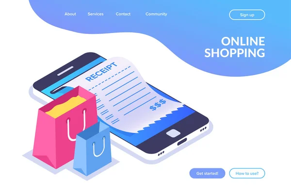 Isometrisches Konzept für Online-Shopping. Einkaufstüten auf dem Hintergrund eines Mobiltelefons. Quittung auf dem Smartphone-Bildschirm. flache Vektorabbildung. — Stockvektor