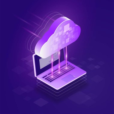 Bulut bilgi işlem 3d isometrik kavram. Bulut ve dizüstü bilgisayar arasındaki veri alışverişi işlemi. Modern web hizmeti. Düz vektör çizimi.