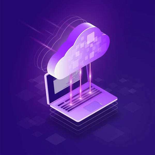 Cloud computing 3d conceito isométrico. O processo de troca de dados entre a nuvem e o laptop. Serviço web moderno. Ilustração vetorial plana . — Vetor de Stock