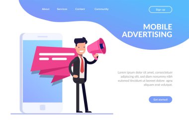 Mobil reklam konsepti. İşadamı ya da yönetici megafonla konuşuyor. Bir cep telefonunun veya akıllı telefonun ekranında açılır bildirim. Reklam kampanyası. Düz tarzda vektör illusytation.