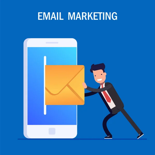 E-posta pazarlama kavramı. İşadamı veya yönetici cep telefonu ile e-posta gönderme. Kapalı mektup. Modern düz tarzda vektör illüstrasyonu. — Stok Vektör
