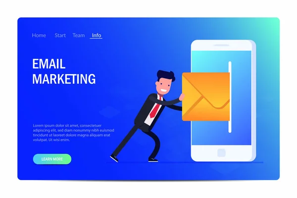 Concetto di email marketing. Uomo d'affari o manager che invia e-mail con il telefono cellulare. Lettera chiusa. Illustrazione vettoriale in stile moderno piatto . — Vettoriale Stock