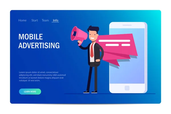 Conceito de publicidade móvel. Empresário ou gerente fala em um megafone. Notificação pop-up na tela de um telefone celular ou smartphone. Campanha publicitária. Ilusytation vetorial em estilo plano . — Vetor de Stock