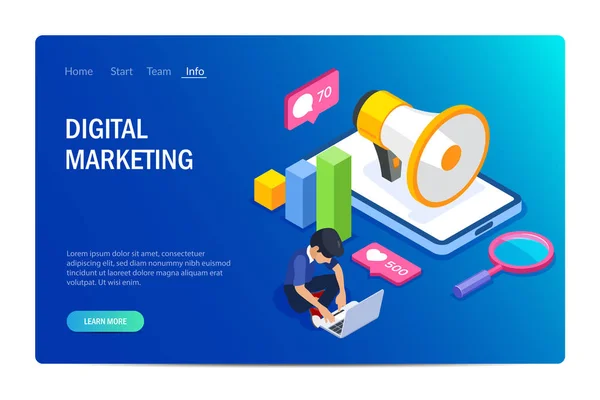 Vetor de marketing digital conceito isométrico. Publicidade na Internet . — Vetor de Stock