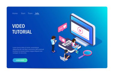İzometrik online öğrenme kavramı. Bir bilgisayar veya telefon ekran video tutorials. İnsanlar arka planda monitör ve büyük bir kitap. Web afiş, infographics, kahraman görüntüleri için kullanabilirsiniz.