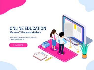 3D izometrik online öğrenme kavramı. Internet üzerinden bir meslek öğrenme. El ile bir megafon monitörden. Adam bir kalem ile notlar yapar. Web banner, infographics için kullanabilirsiniz