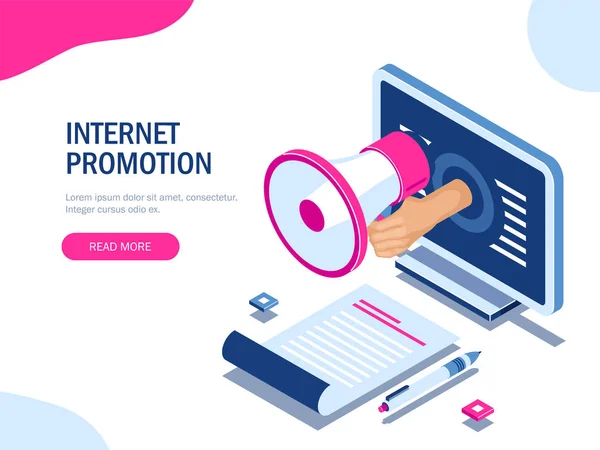 Internet Promotion koncept. Modern Vector 3D Isometrisk. — Stock vektor