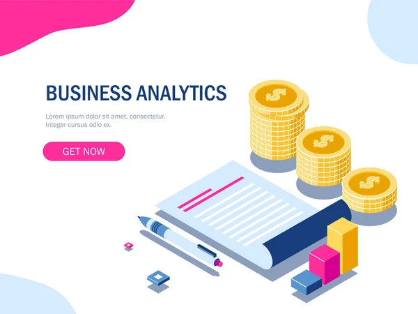 Business Analytics és érmék stack izometrikus koncepció. — Stock Vector