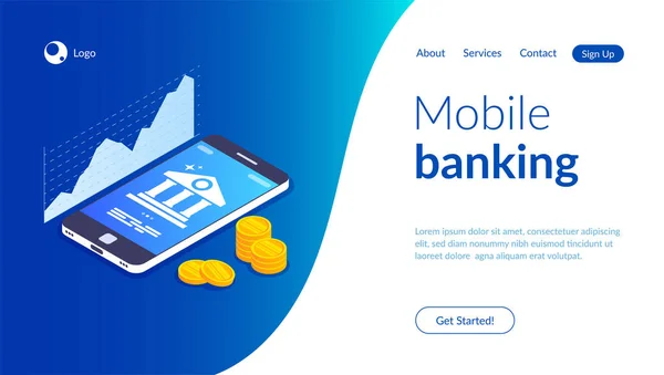 Mobile Banking Konzept. Online-Bankvorlage. Banksymbol auf dem Smartphone-Bildschirm. Münzen stapeln sich auf dem Hintergrund eines Mobiltelefons. Vektor 3D isometrische Illustration. — Stockvektor