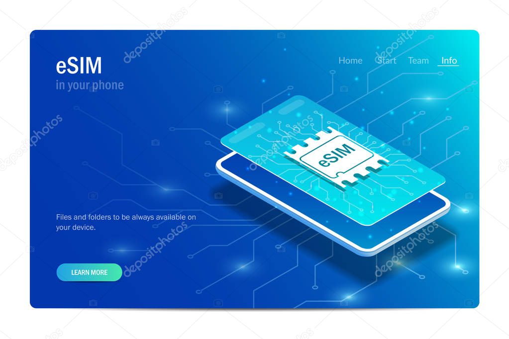 eSIM card chip sign. Embedded SIM concept. New mobile communication technology. Futuristic projection sim card. Vector illustration in 3d isometric style.